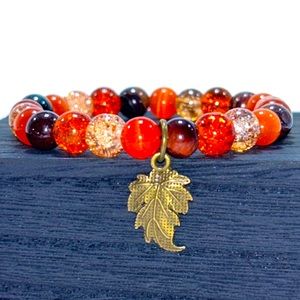 Handmade Fall Leaf Charm Bracelet with Natural Tiger & Cat Eye!